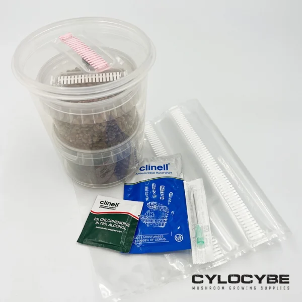 cleaning wipes, sterile needle, grow tent, grain pot, coir pot