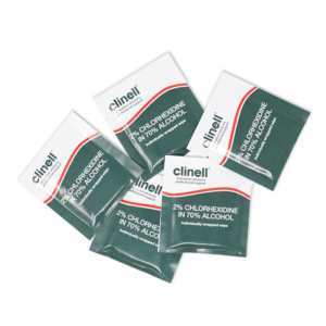 five Clinell branded chlorhexidine and alcohol wipes in dark green, white and red packaging