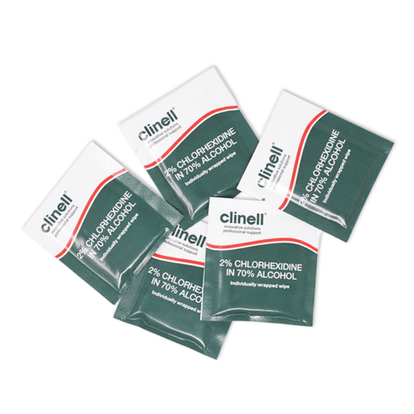 five Clinell branded chlorhexidine and alcohol wipes in dark green, white and red packaging