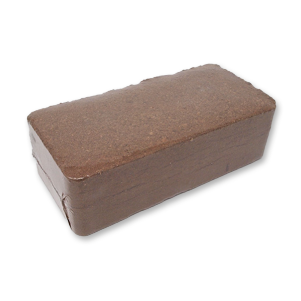 A compressed coir brick shrink-wrapped in plastic