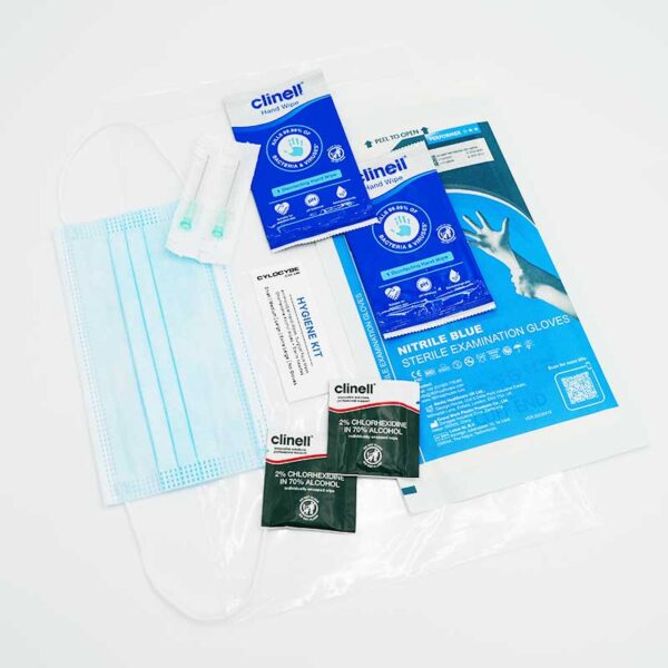 hygiene kit with sterile gloves, face mask, clinell hand wipes, chlorhexidine wipes and sterile needles